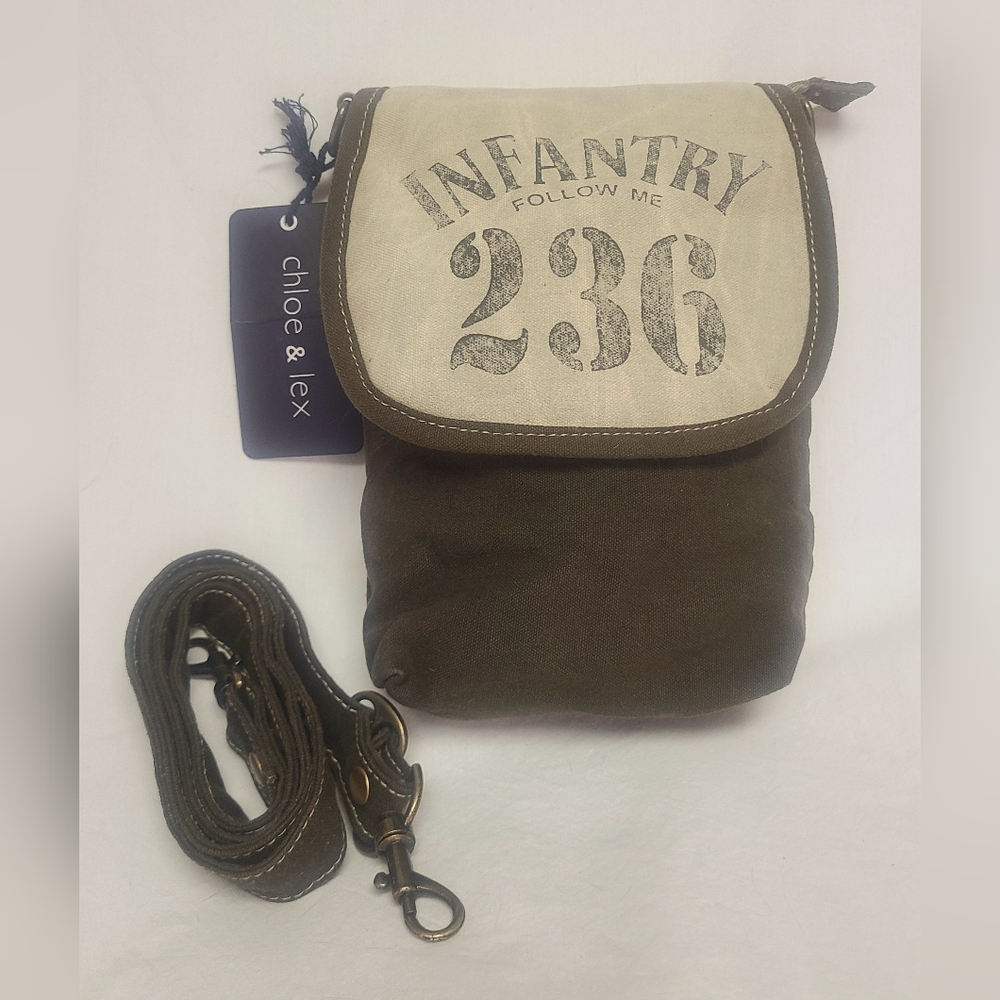 Chloe & Lex Infantry Follow Me Upcycled Canvas & Leather Crossbody Bag NWT